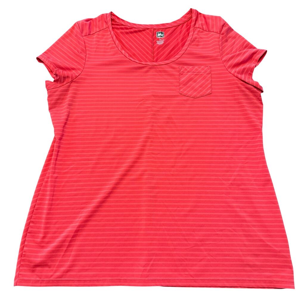 REI Women’s red two tone stripe moisture wicking tee with chest pocket, XL